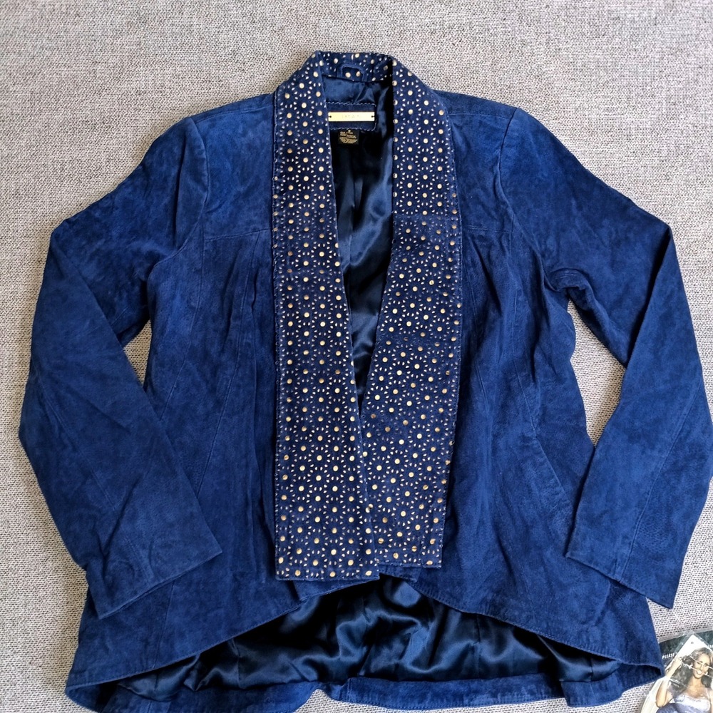 IMAN Suede Leather Jacket Women S Blue Excellent Laser Cut Perforated Open Front